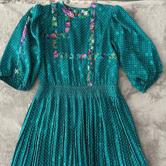 Vintage Susan Freis Green Polka Dot Pleated Dress Women's MEDIUM 80s - Picture 2 of 8